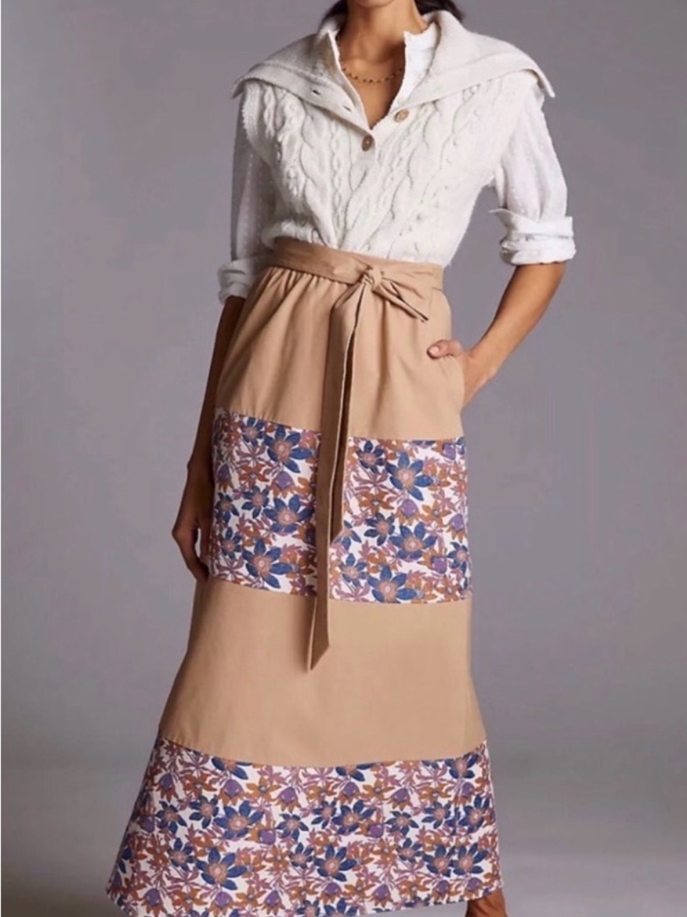 Sachin + Babi Anthropology Tan Maxi Skirt with Blue & Brown Floral Panels